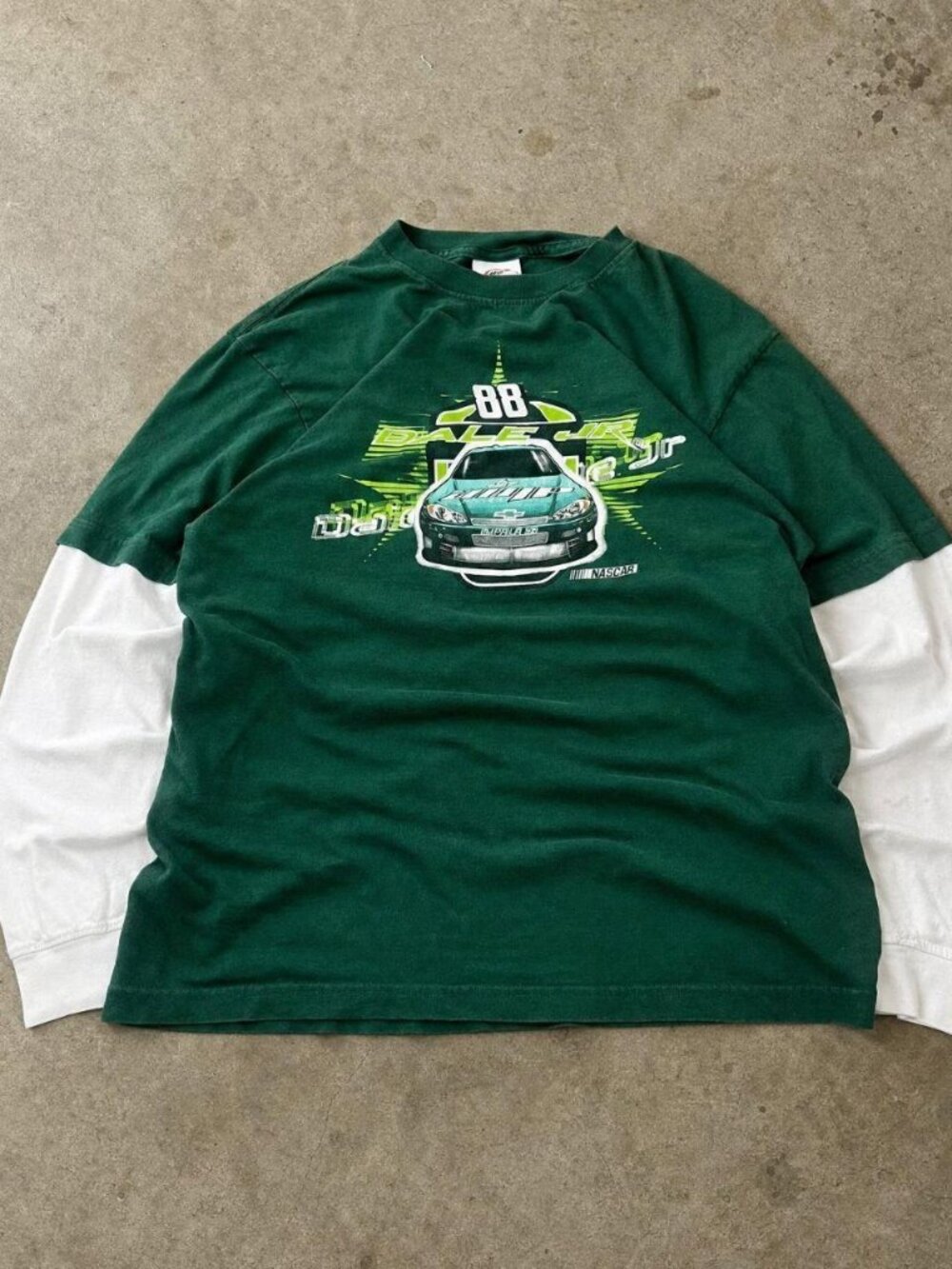Vintage 2000s NASCAR Dale Jr Green White Long Sleeve Tee M